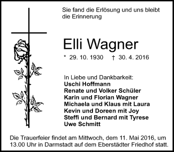Traueranzeige von Elli Wagner von Trauerportal Echo Online