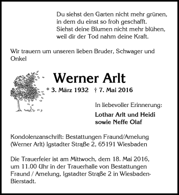 Traueranzeige von Werner Arlt von  Wiesbaden komplett