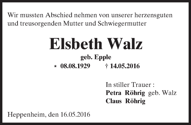  Traueranzeige für Elsbeth Walz vom 20.05.2016 aus Trauerportal Echo Online