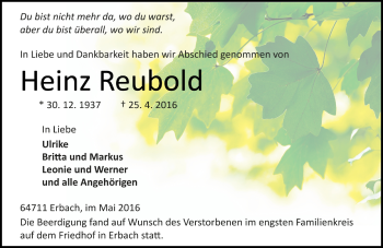 Traueranzeige von Heinz Reubold von Echo Online