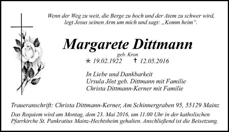  Traueranzeige für Margarete Dittmann vom 18.05.2016 aus  Allgemeine Zeitung Mainz