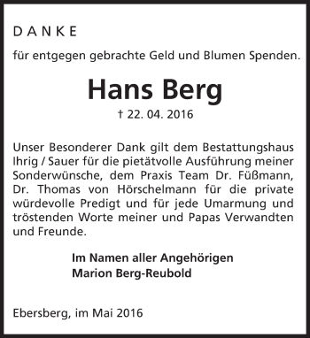 Traueranzeige von Hans Berg von Trauerportal Echo Online