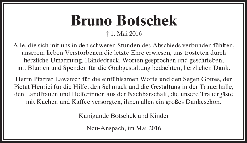 Traueranzeige für Bruno Botschek vom 28.05.2016 aus  Usinger Anzeiger