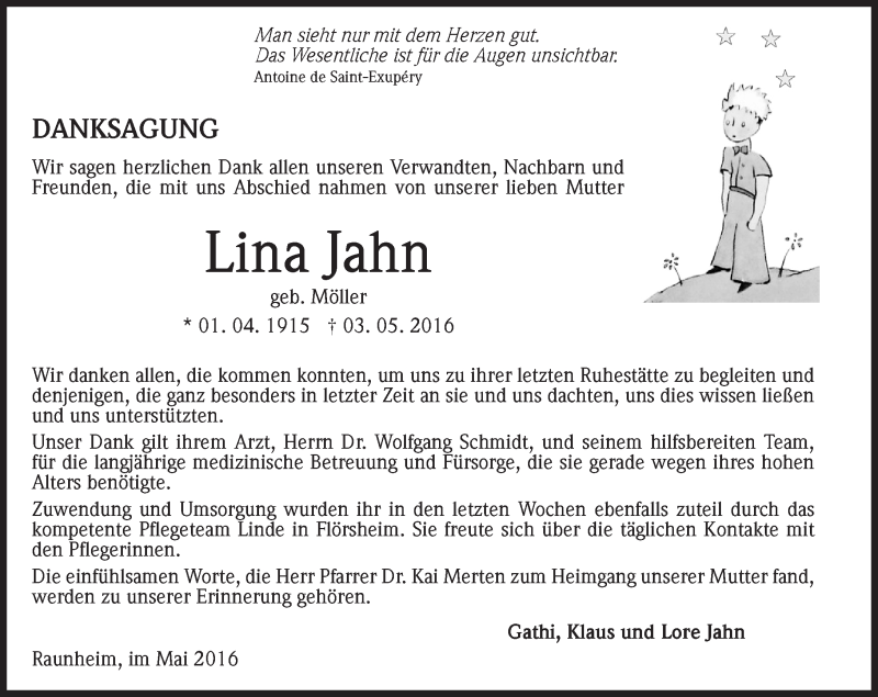  Traueranzeige für Lina Jahn vom 21.05.2016 aus  Mainspitze