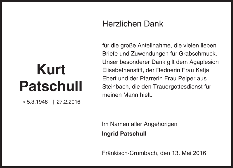  Traueranzeige für Kurt Patschull vom 13.05.2016 aus Trauerportal Echo Online