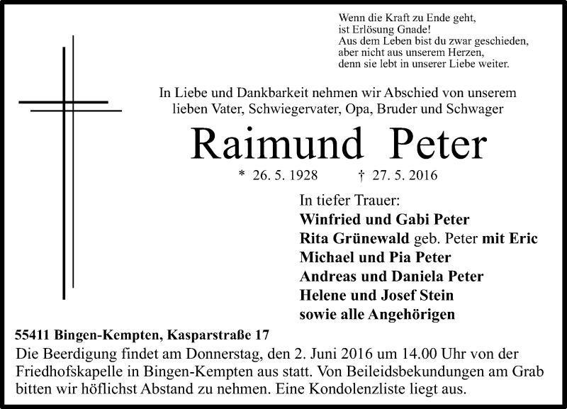  Traueranzeige für Raimund Peter vom 31.05.2016 aus  Allgemeine  Zeitung Ingelheim-Bingen