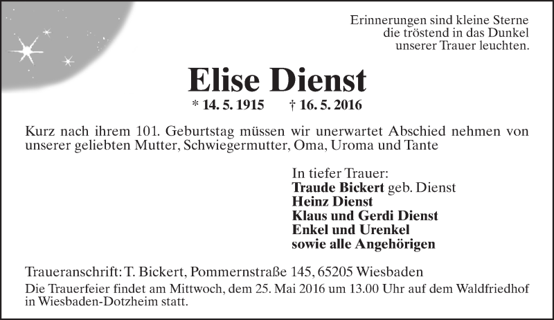  Traueranzeige für Elise Dienst vom 21.05.2016 aus  Wiesbaden komplett