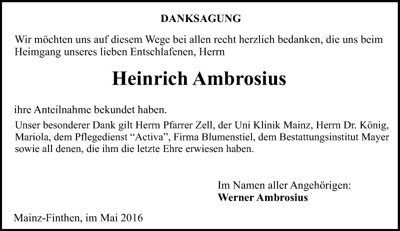  Traueranzeige für Heinrich Ambrosius vom 07.05.2016 aus  Allgemeine Zeitung Mainz