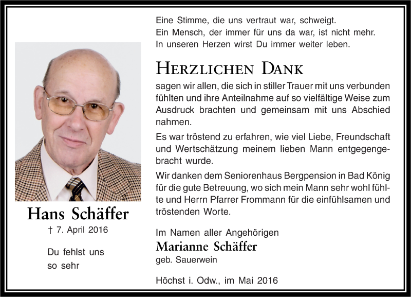  Traueranzeige für Hans Schäffer vom 14.05.2016 aus Trauerportal Echo Online