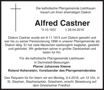 Traueranzeige von Alfred Castner von Trauerportal Echo Online