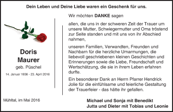 Traueranzeige von Doris Maurer von Trauerportal Echo Online
