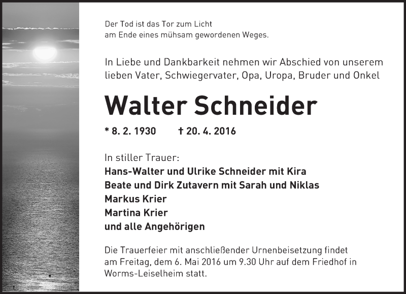  Traueranzeige für Walter Schneider vom 02.05.2016 aus  Wormser Zeitung
