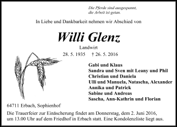 Traueranzeige von Willi Glenz von Trauerportal Echo Online