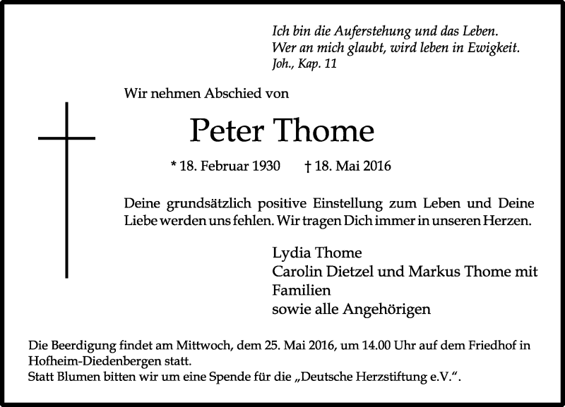  Traueranzeige für Peter Thome vom 20.05.2016 aus  Hofheimer Zeitung