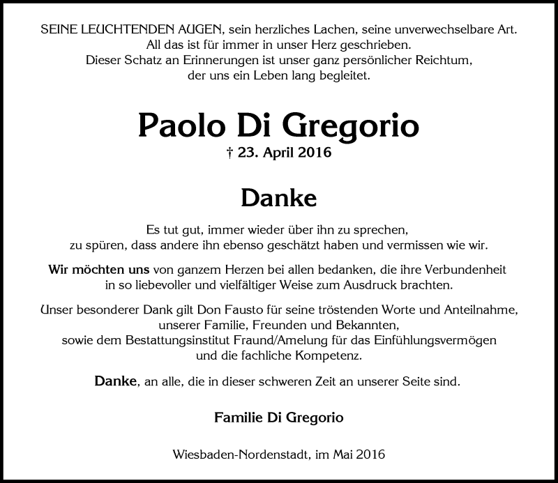 Traueranzeige für Paolo Di Gregorio vom 14.05.2016 aus  Wiesbaden komplett