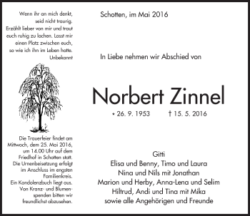 Traueranzeige von Norbert Zinnel von  Kreisanzeiger