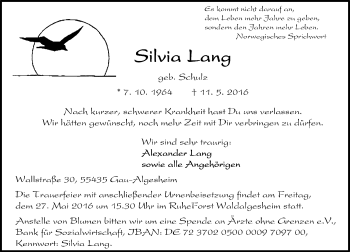 Traueranzeige von Silvia Lang von  Allgemeine  Zeitung Ingelheim-Bingen
