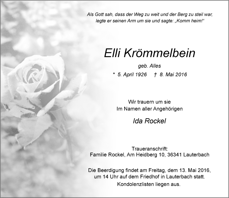  Traueranzeige für Elli Krömmelbein vom 11.05.2016 aus VRM Trauer