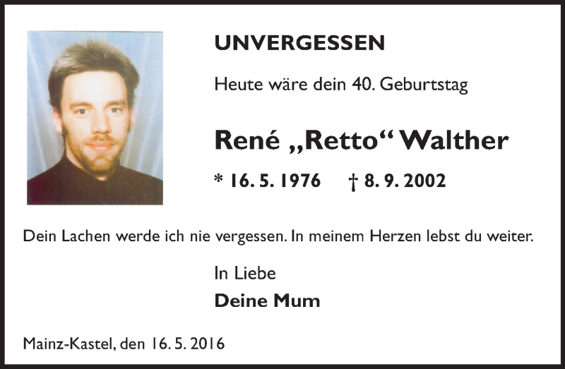  Traueranzeige für Rene Walther vom 14.05.2016 aus  Allgemeine Zeitung Mainz
