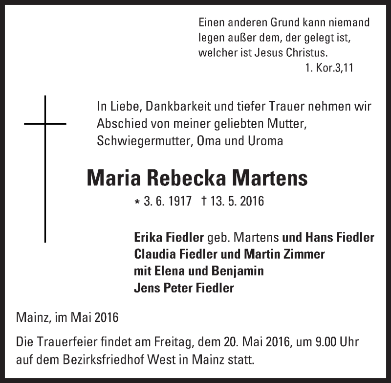  Traueranzeige für Maria Rebecka Martens vom 18.05.2016 aus  Allgemeine Zeitung Mainz