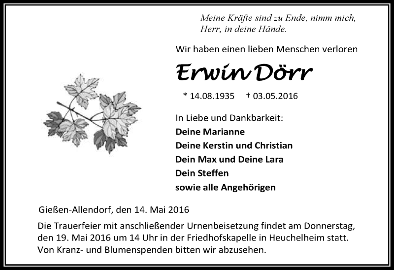  Traueranzeige für Erwin Dörr vom 14.05.2016 aus  Gießener Anzeiger