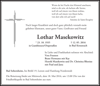 Traueranzeige von Lothar Masekowitz von  Allg. Zeitung Bad Kreuznach