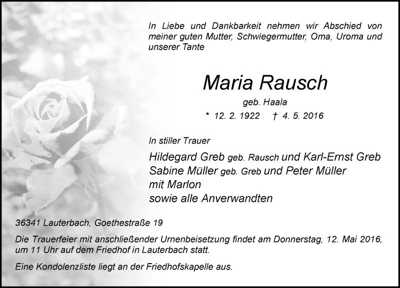  Traueranzeige für Maria Rausch vom 09.05.2016 aus VRM Trauer