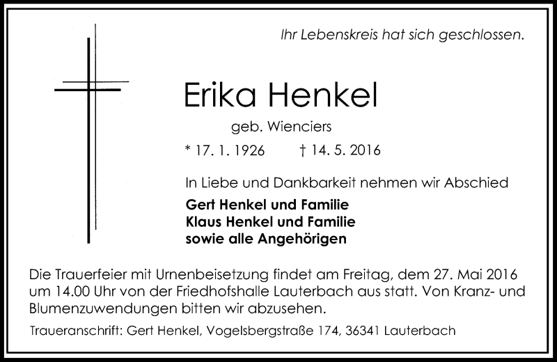  Traueranzeige für Erika Henkel vom 23.05.2016 aus VRM Trauer