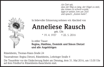 Traueranzeige von Anneliese Rausch von Trauerportal Echo Online