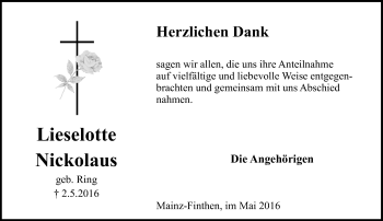 Traueranzeige von Lieselotte Nickolaus von  Allgemeine Zeitung Mainz