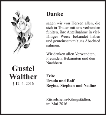 Traueranzeige von Gustel Walther von Trauerportal Echo Online