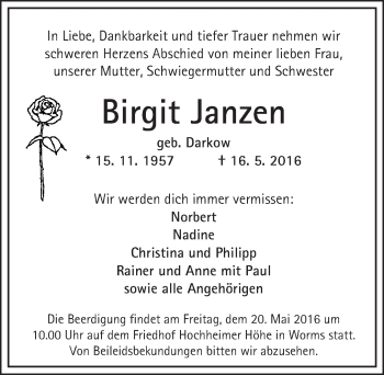 Traueranzeige von Birgit Janzen von  Wormser Zeitung