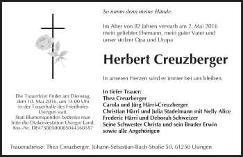 Traueranzeige von Herbert Creuzberger von  Usinger Anzeiger