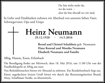 Traueranzeige von Heinz Neumann von  Allgemeine Zeitung Alzey
