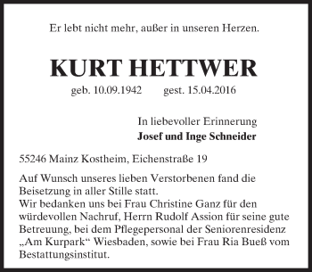 Traueranzeige von Kurt Hettwer von  Allgemeine Zeitung Mainz