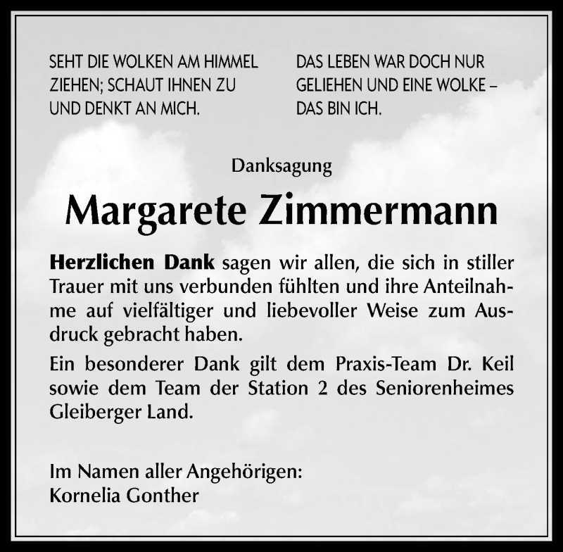 Traueranzeige für Margarete Zimmermann vom 21.05.2016 aus  Gießener Anzeiger