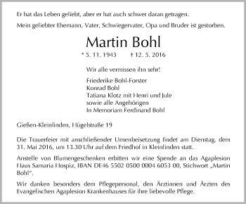Traueranzeige von Martin Bohl von  Gießener Anzeiger