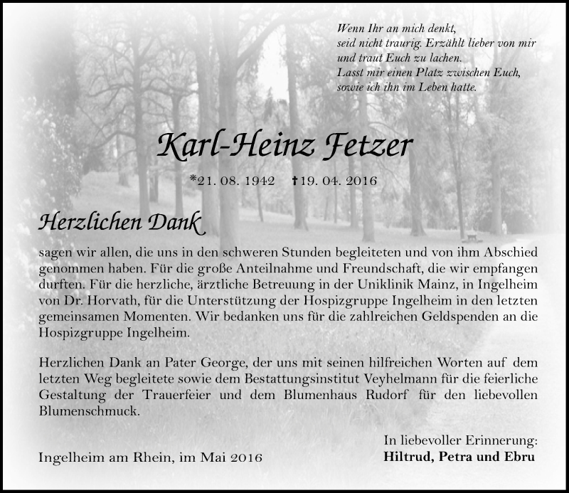  Traueranzeige für Karl-Heinz Fetzer vom 14.05.2016 aus  Allgemeine  Zeitung Ingelheim-Bingen