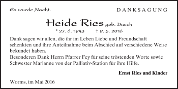 Traueranzeige von Heide Ries von  Wormser Zeitung
