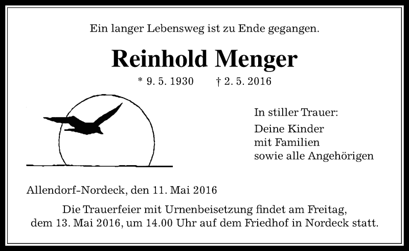  Traueranzeige für Reinhold Menger vom 11.05.2016 aus  Gießener Anzeiger