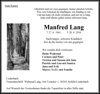 Traueranzeige von Manfred Lang von VRM Trauer