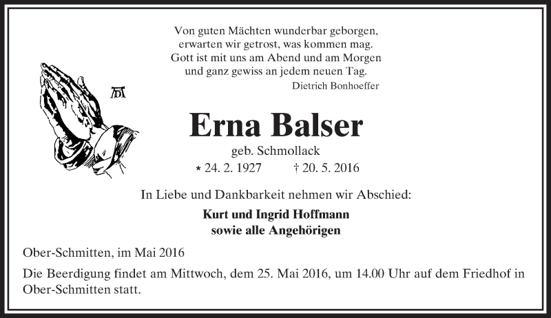  Traueranzeige für Erna Balser vom 24.05.2016 aus  Kreisanzeiger