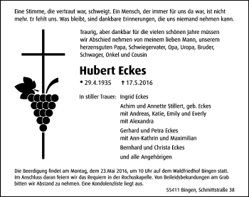 Traueranzeige von Hubert Eckes von  Allgemeine  Zeitung Ingelheim-Bingen