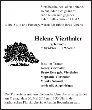 Traueranzeige von Helene Vierthaler von  Allgemeine Zeitung Mainz