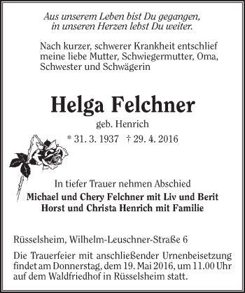 Traueranzeige von Helga Felchner von  Mainspitze