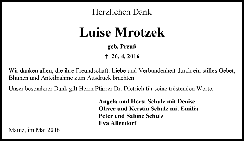  Traueranzeige für Luise Mrotzek vom 14.05.2016 aus  Allgemeine Zeitung Mainz