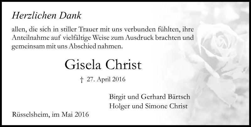  Traueranzeige für Gisela Christ vom 21.05.2016 aus  Mainspitze