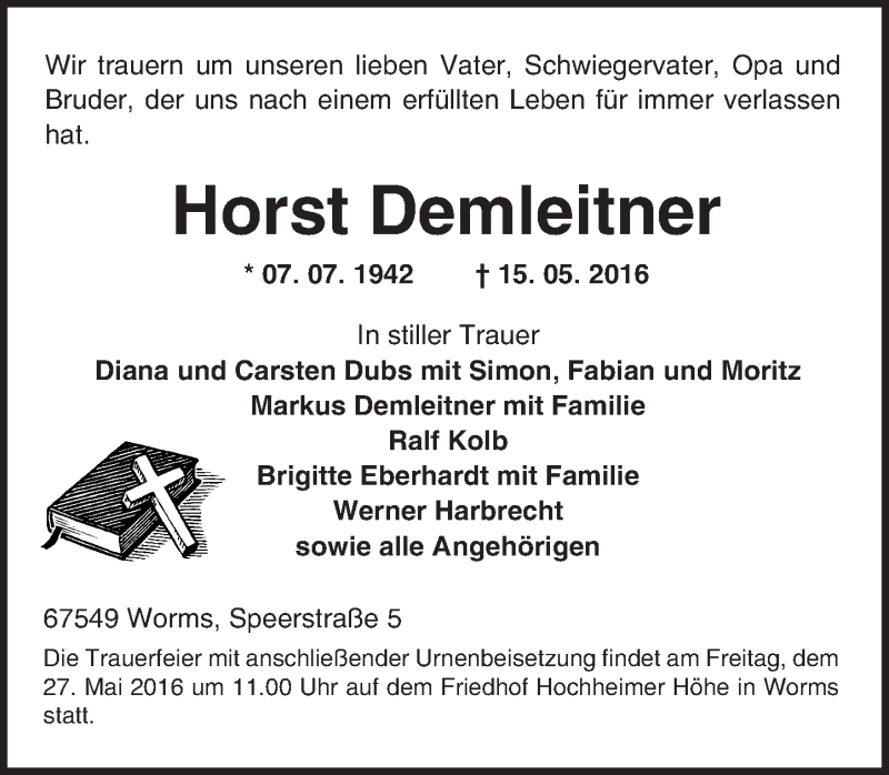  Traueranzeige für Horst Demleitner vom 25.05.2016 aus  Wormser Zeitung