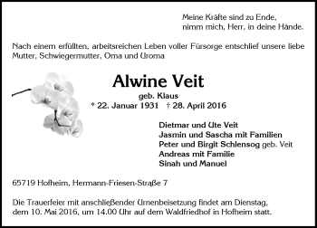 Traueranzeige von Alwine Veit von  Hofheimer Zeitung