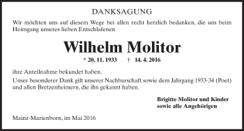 Traueranzeige von Wilhelm Molitor von  Allgemeine Zeitung Mainz